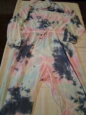 Tie-Dye Drawstring Hooded Jogger Jumpsuit- Pastel Pink & Blue 3XLT